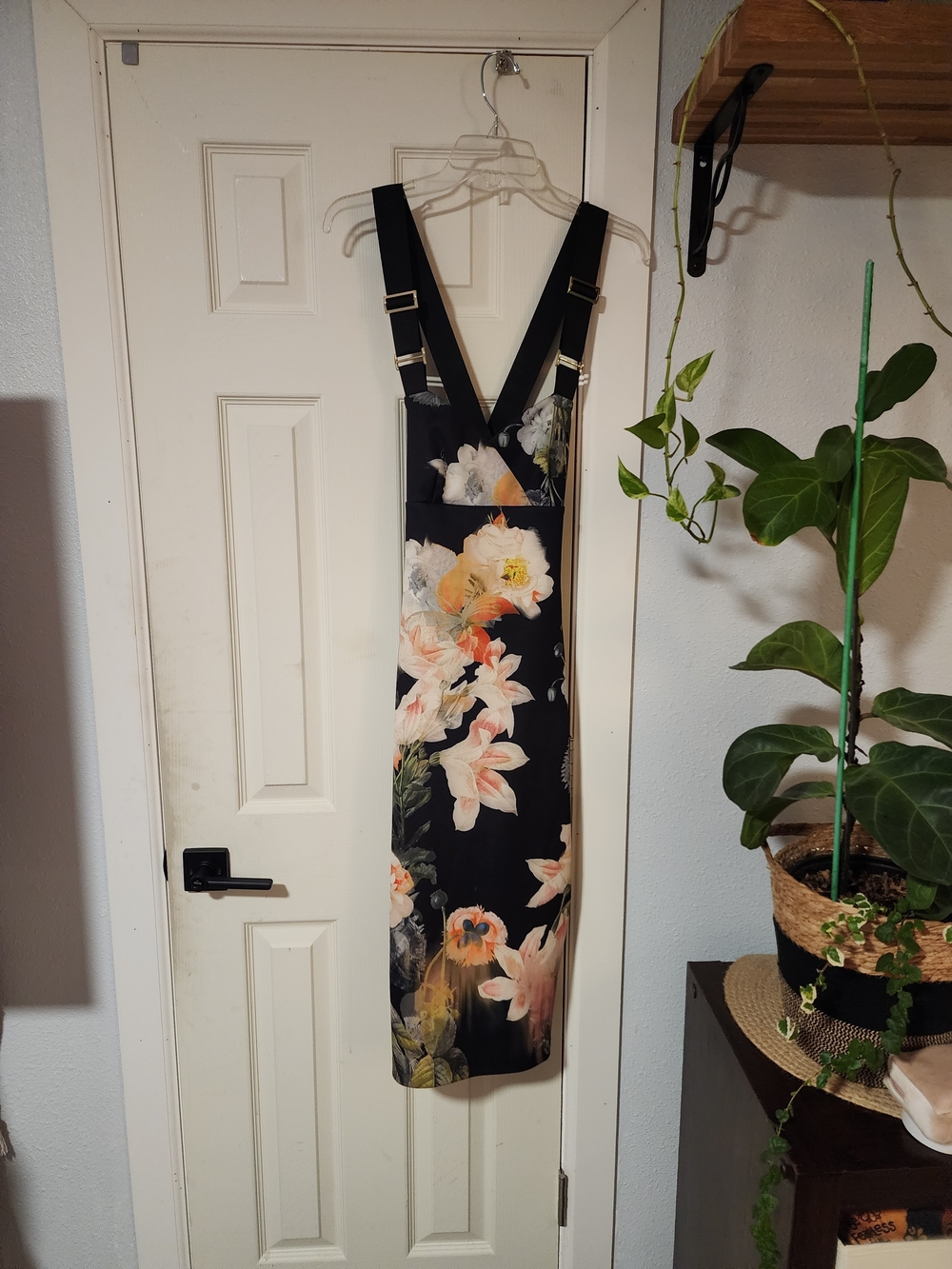 Ted Baker Black Floral Midi Pinafore Dress with Peach Blooms